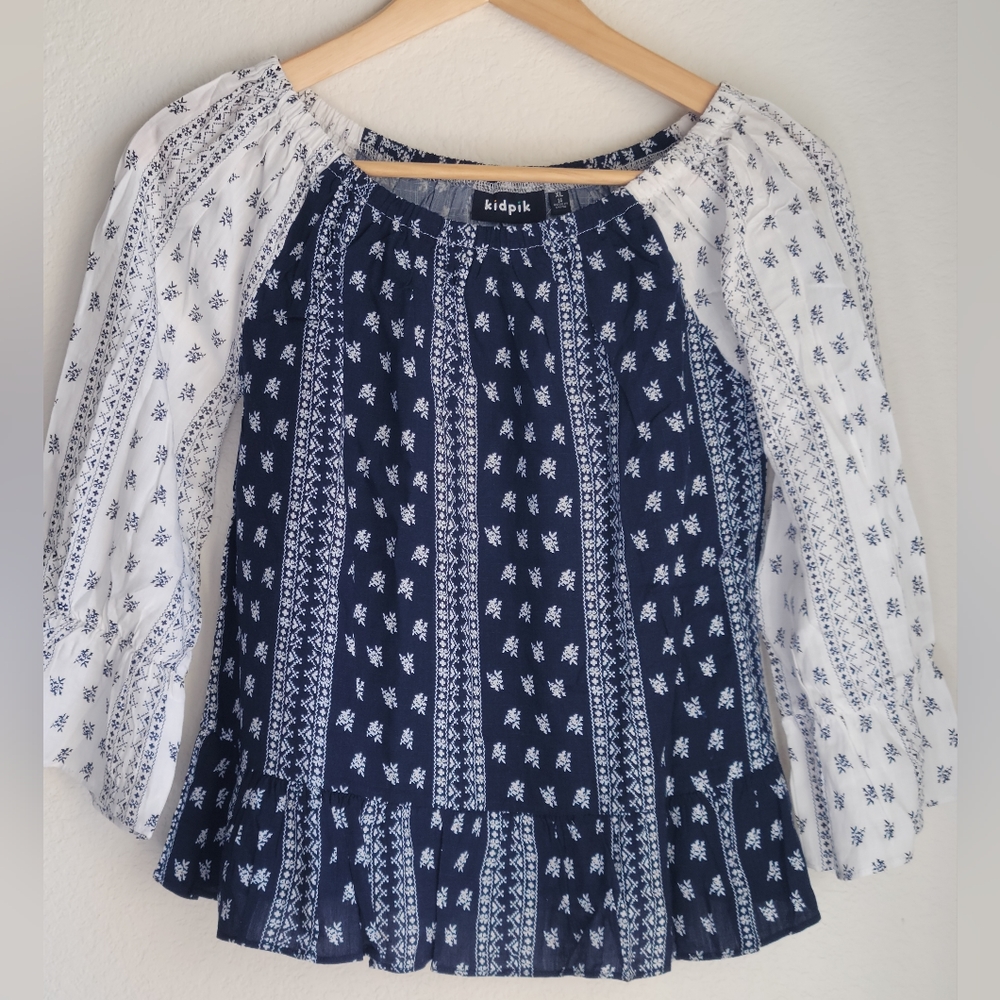 Kidpik Floral Blue & Ivory Girls size XL 14 Bohemian Bell Flare Sleeve S…